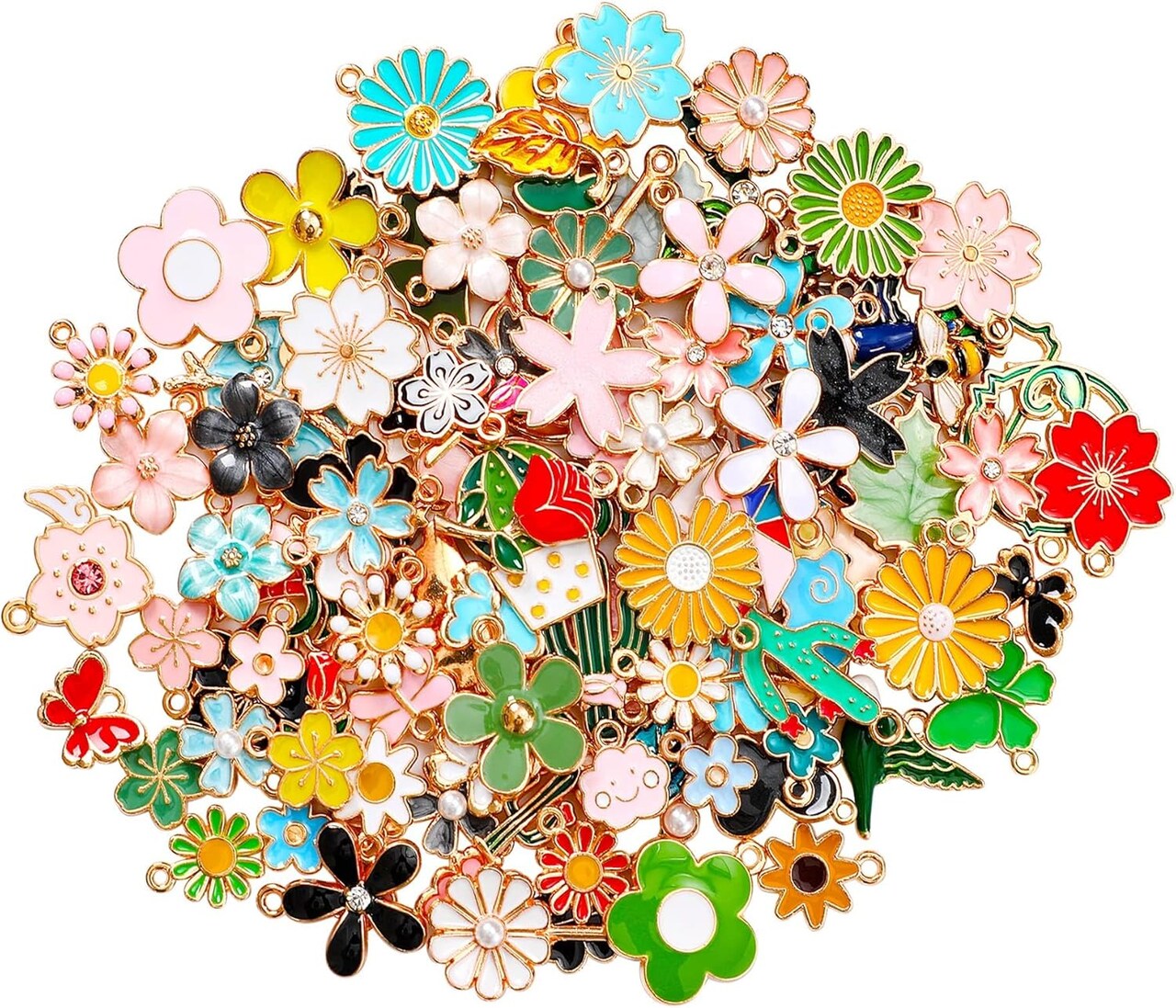 120 Pcs Spring Summer Floral Themed Charms, Flower Charms for Jewelry Making, Assorted Gold Enamel Charm Pendants for DIY Necklace Bracelet Earrings Supplies Gifts for Mom Women